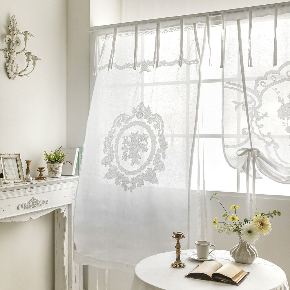 아를 프렌치 린넨 자수 롤업 창문 커튼 레이스 롱 바란스 가리개