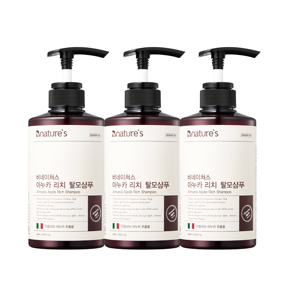 비네이쳐스 아누카리치 탈모샴푸 _ 이탈리아산 아누카사과 탈모완화 두피케어 480ml, 3개 - 메인 이미지