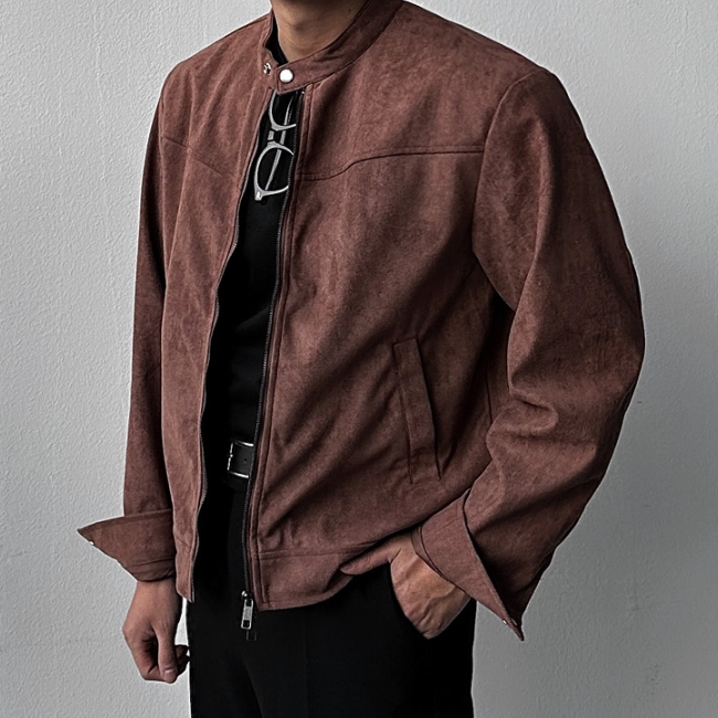 남자 카다 오버핏 크롭 비건 스웨이드 바이커 라이더 자켓