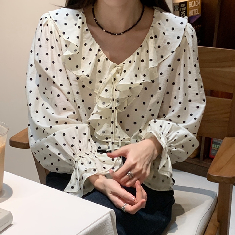 도트블라우스 목프릴 둥근카라 러플 가을 하객룩 블라우스 이미지 8