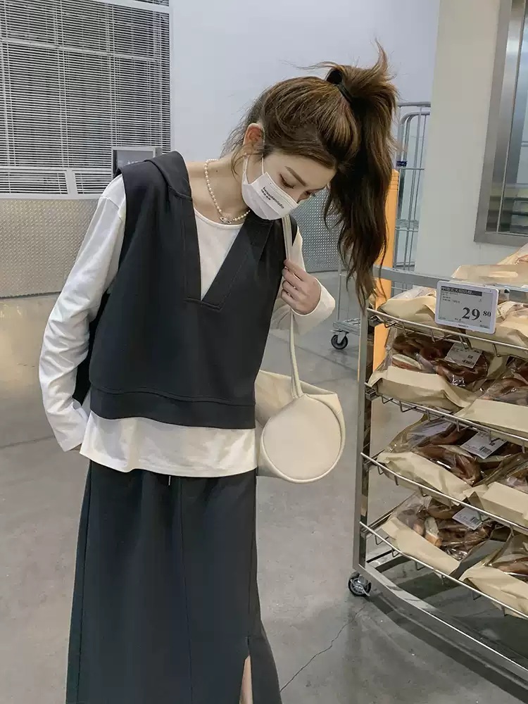 봄가을 루즈핏 레이어드 티셔츠 스커트 트레이닝복 코디세트 3피스 - 상세 이미지 4