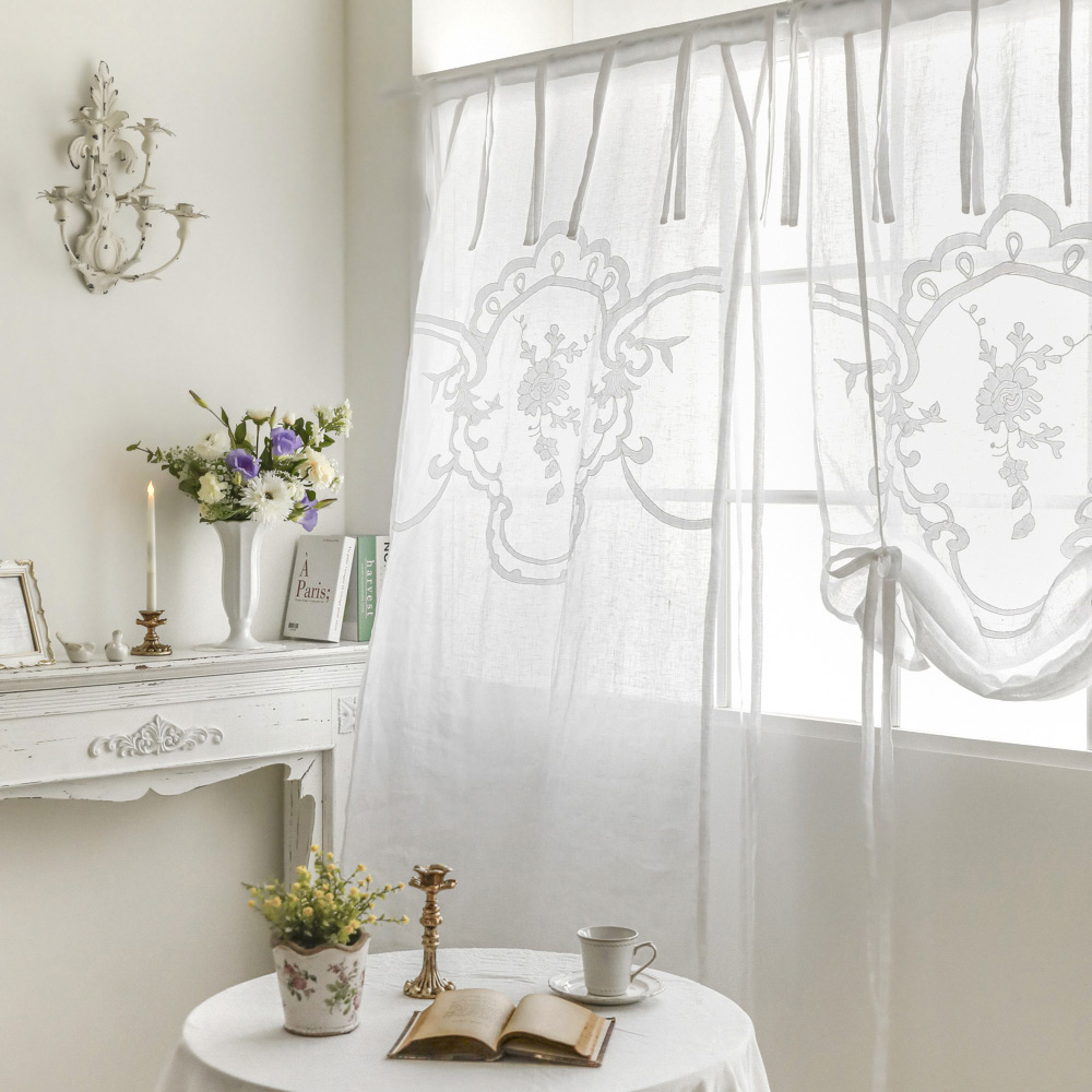 아를 프렌치 린넨 자수 롤업 창문 커튼 레이스 롱 바란스 가리개