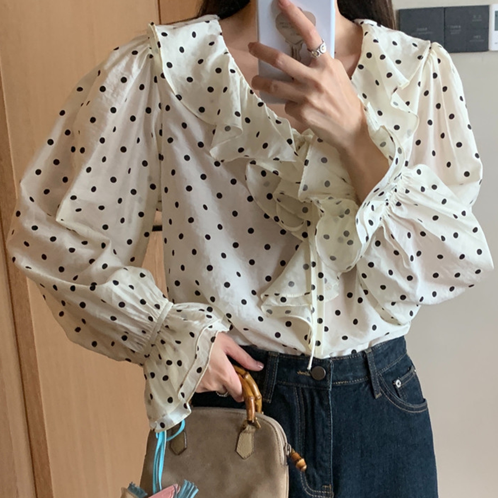 도트블라우스 목프릴 둥근카라 러플 가을 하객룩 블라우스 이미지 6