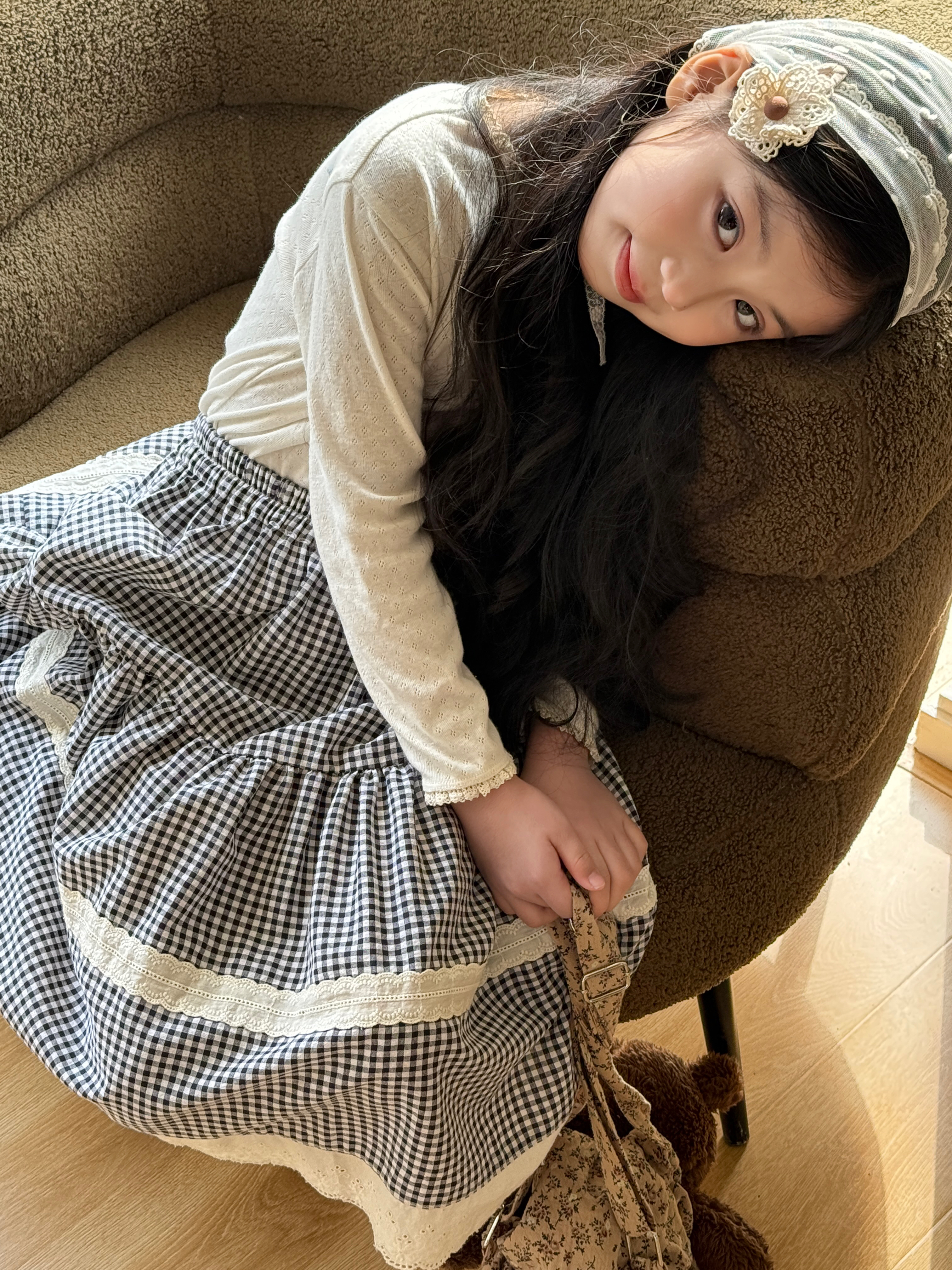 Irene's Closet 잔체크 레이스 배색 티어드 롱 스커트 유아 주니어 봄 간절기