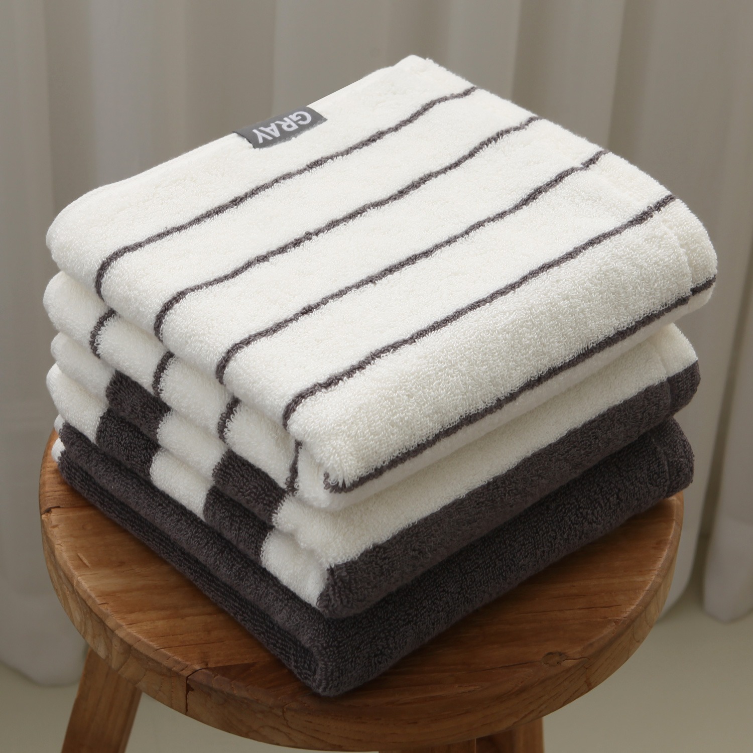 [3매 세트] 그레이 모달 스트라이프 부드러운 코마사 호텔수건 스퀘어 패턴 180g