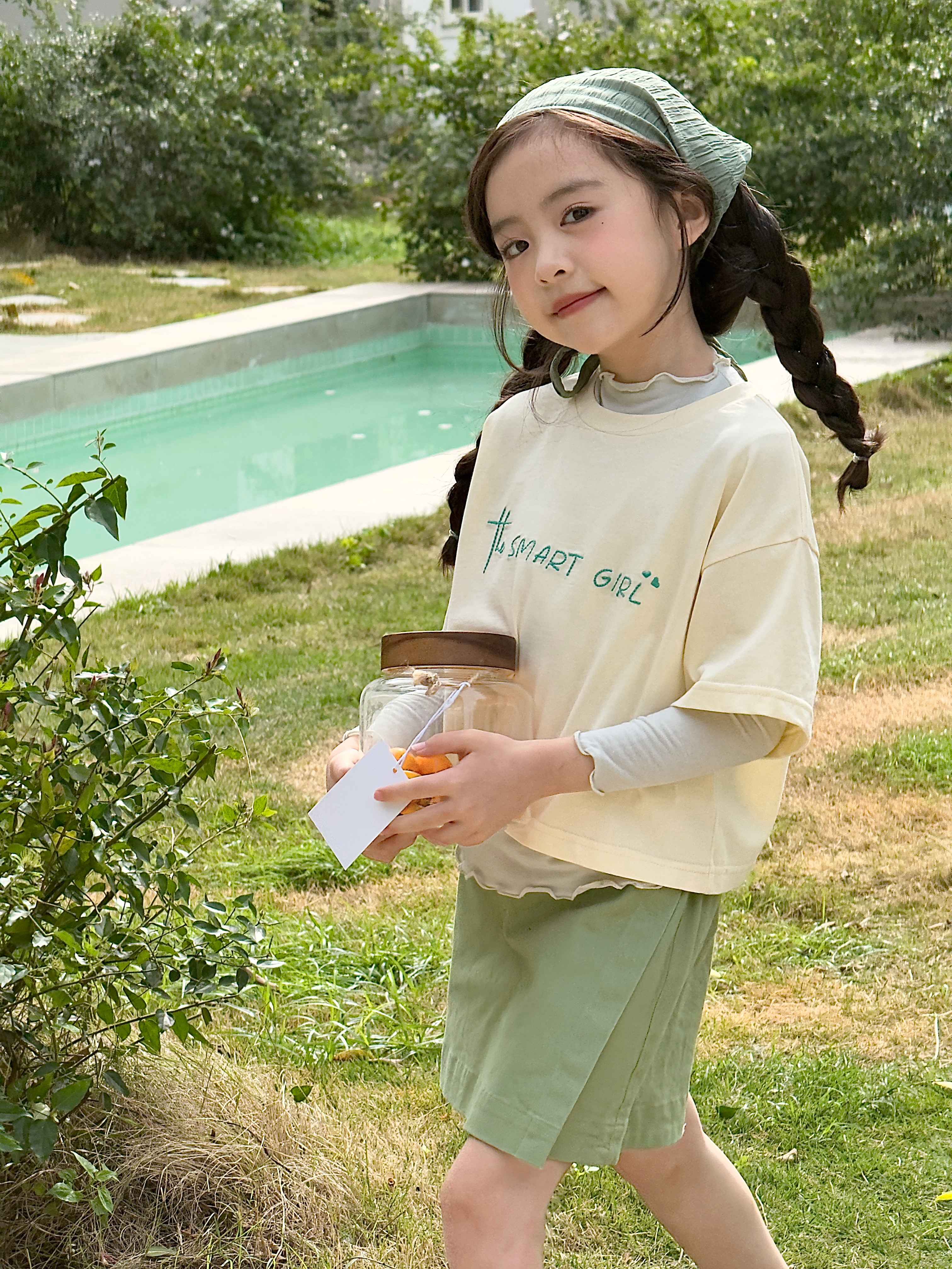 Irene's Closet 레터링 자수 루즈핏 크롭 반팔 티셔츠 유아 주니어 봄 여름