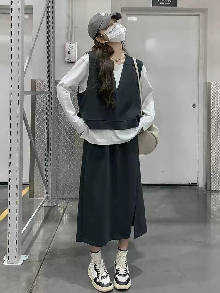 봄가을 루즈핏 레이어드 티셔츠 스커트 트레이닝복 코디세트 3피스 - 상세 이미지 3