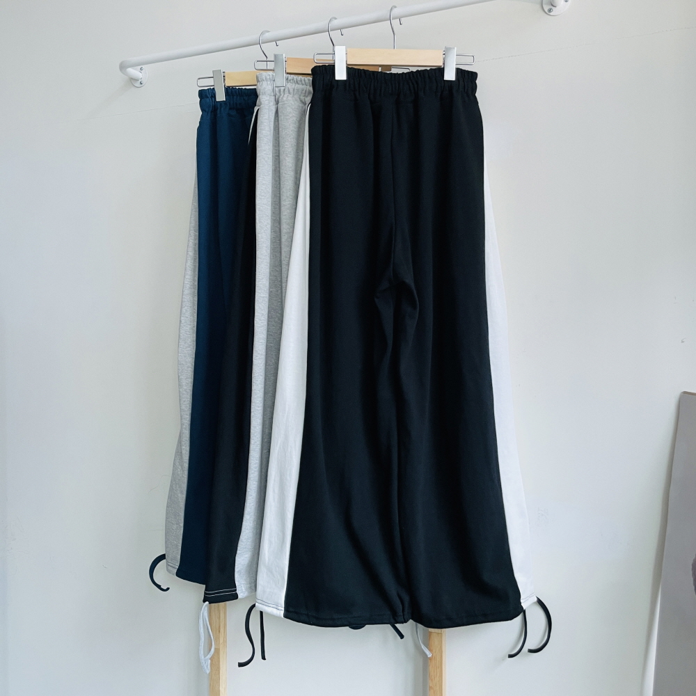 여성 와이드팬츠 조거팬츠 밴딩 핀턱 배색 리본끈 트레이닝 바지 - 상세 이미지 4