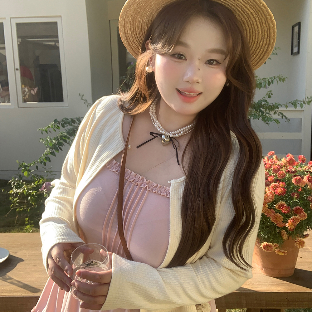 라운드넥 빅사이즈 끈나시 여성봄원피스 니트 가디건 투피스 세트 - 상세 이미지 4
