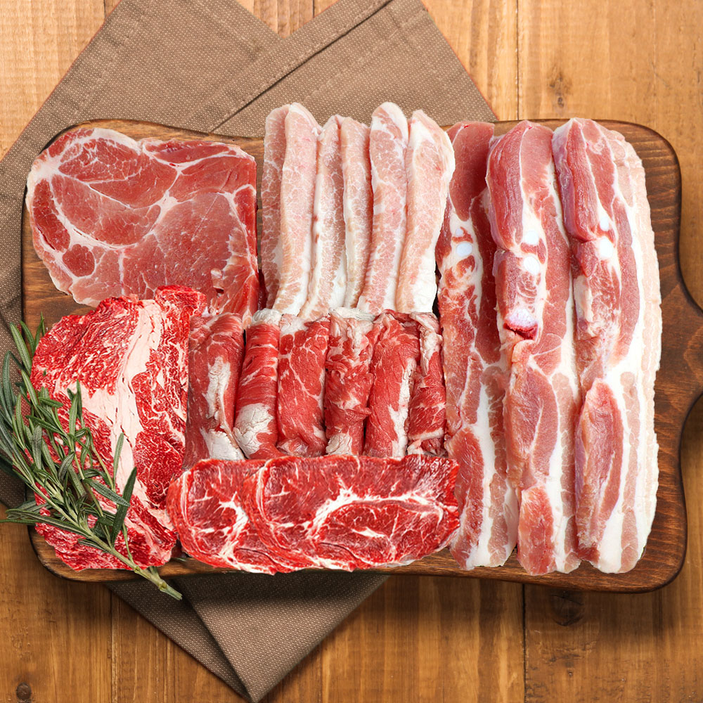 [파파네정육점] 수입산 소고기 돼지고기 모듬 삼겹살 목살 항정살 등심 부채살 차돌박이 1.5kg, 1개