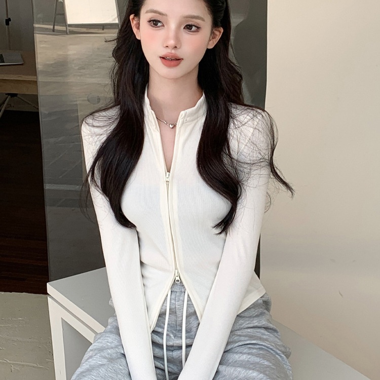 여성 스탠드 카라 투웨이 집업 슬림핏 짧은 니트 가디건 이미지 7
