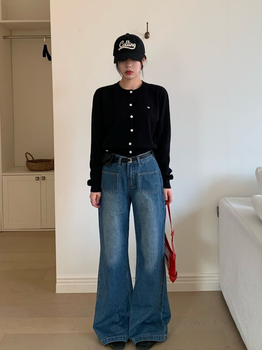 워싱 포켓 부츠컷 와이드 청 데님 바지 : 마리몬트