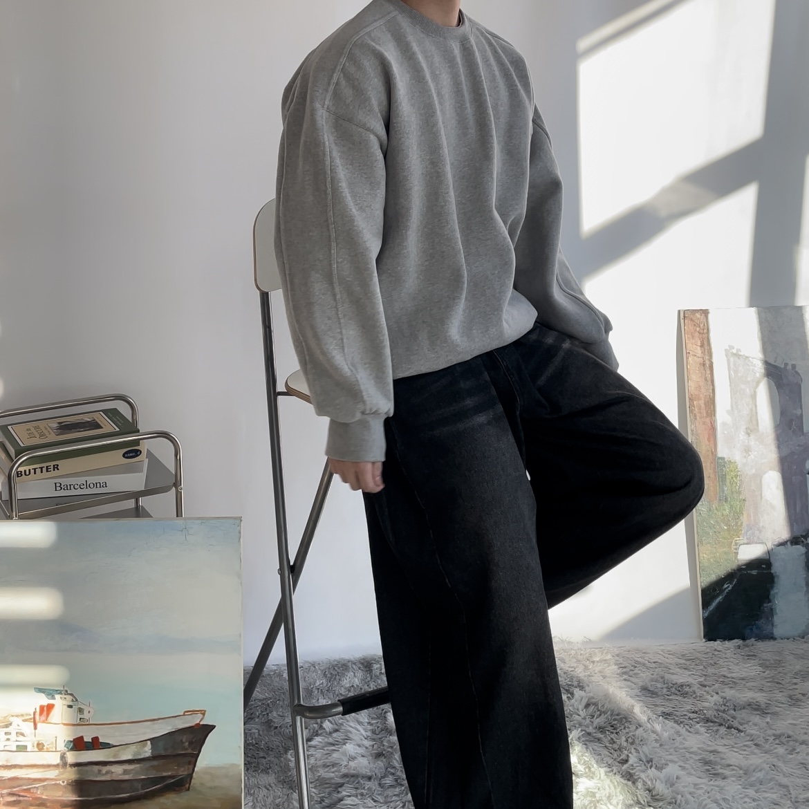 양기모 절개디자인 오버핏 남자맨투맨 스웨트셔츠 - 상세 이미지 5