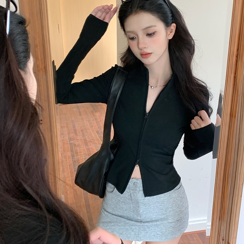 여성 스탠드 카라 투웨이 집업 슬림핏 짧은 니트 가디건 - 상품 이미지