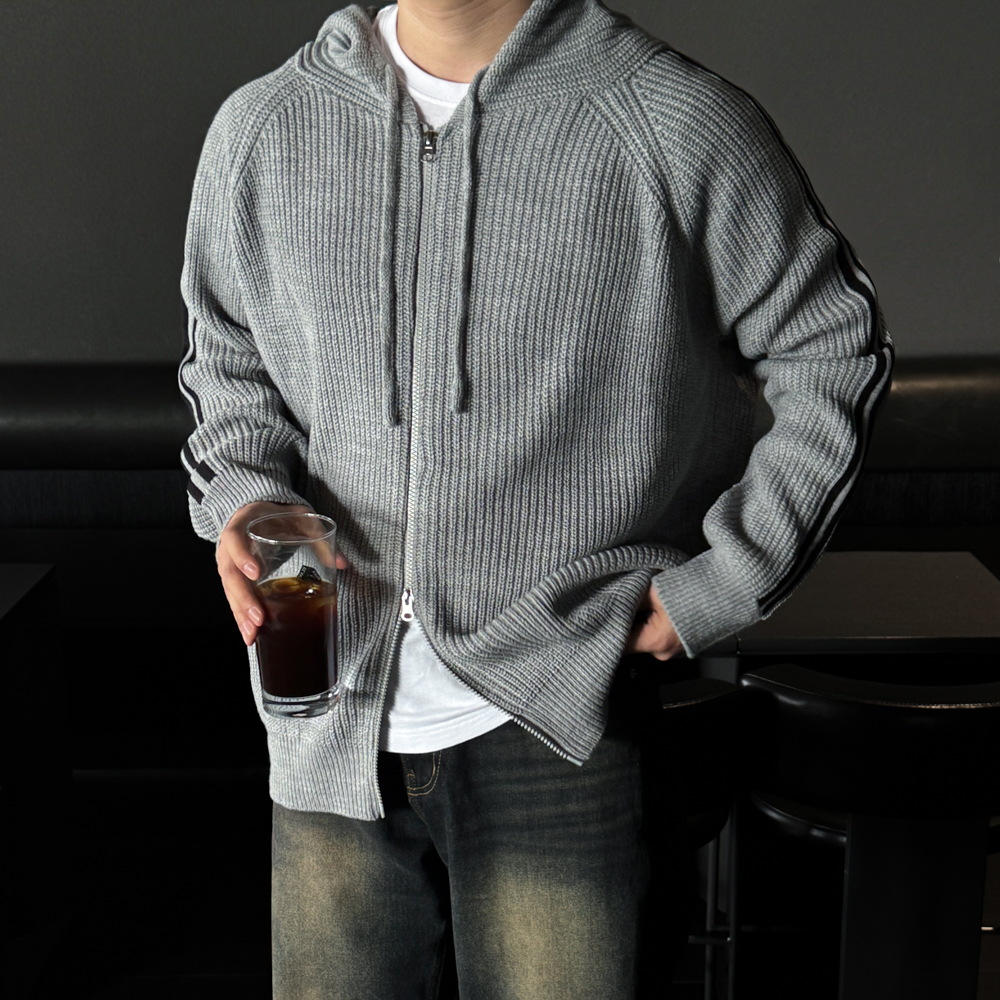 남자 오버핏 투웨이 후드 니트 집업 - 상품 이미지