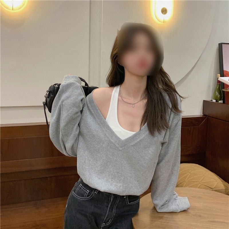 여성용 컬러 배색 페이크 나시 V넥 오프숄더 크롭 티셔츠 - 상세 이미지 4