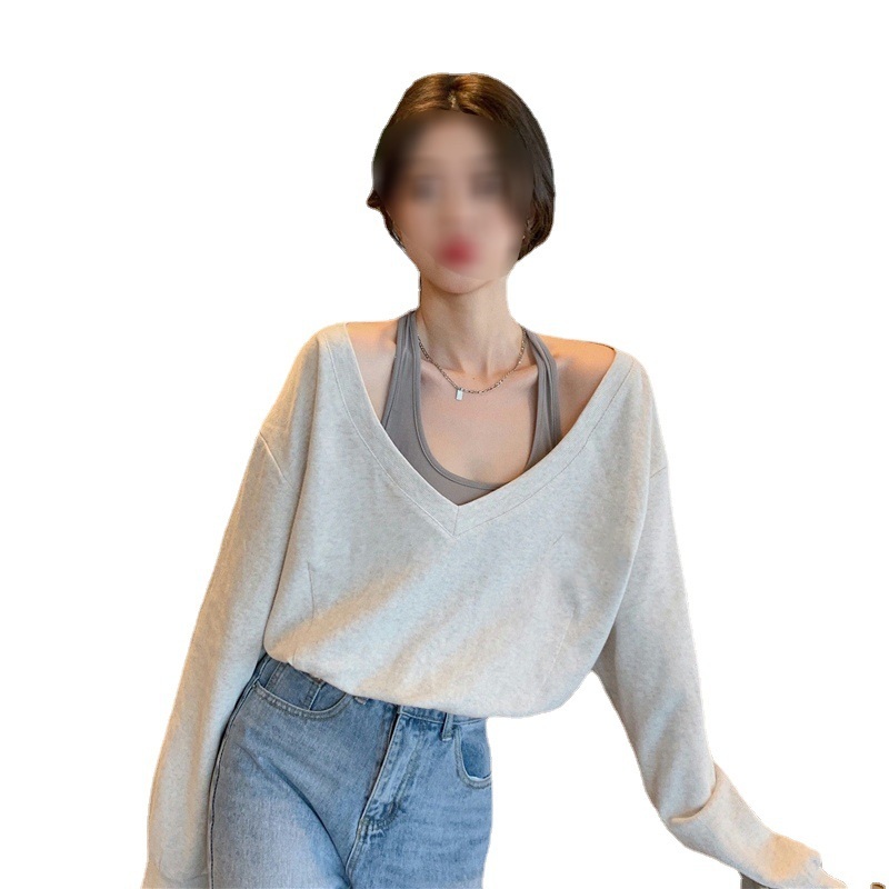 여성용 컬러 배색 페이크 나시 V넥 오프숄더 크롭 티셔츠 - 상세 이미지 5