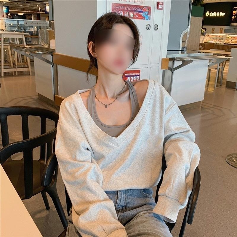 여성용 컬러 배색 페이크 나시 V넥 오프숄더 크롭 티셔츠 - 상품 이미지