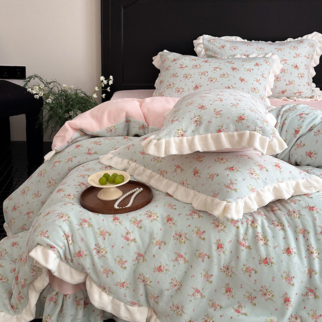 키웨스트 겨울 극세사 프릴 이불 꽃무늬 침구 세트 퀸 Q