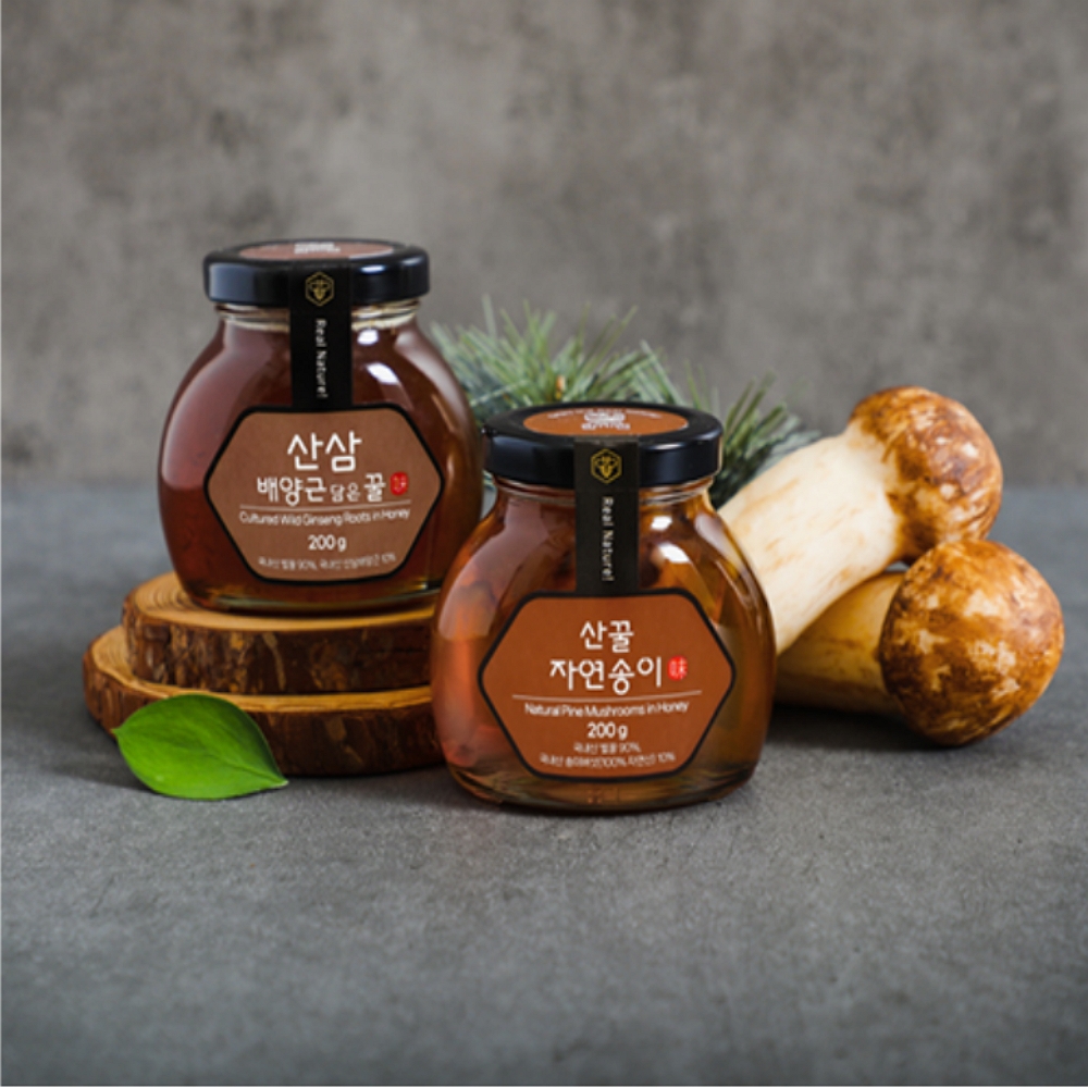 국산 산삼배양근 송이버섯 벌꿀 선물세트 꿀 선물용 유리병 2개입 명절 천연꿀 선물