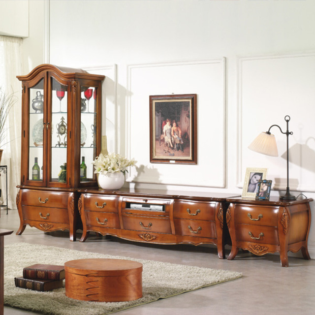 까사홈 에밀리 엔틱 거실장 세트 (유리장식장+거실장+협탁)