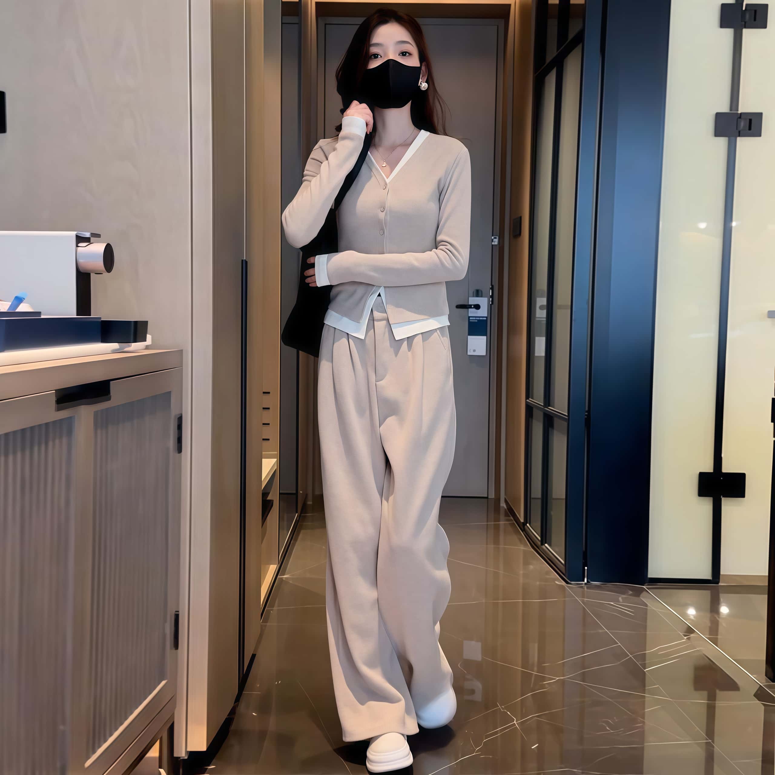 여성 봄 레이어드룩 데일리 긴팔 니트 가디건 와이드팬츠 투피스 세트 - 상품 이미지