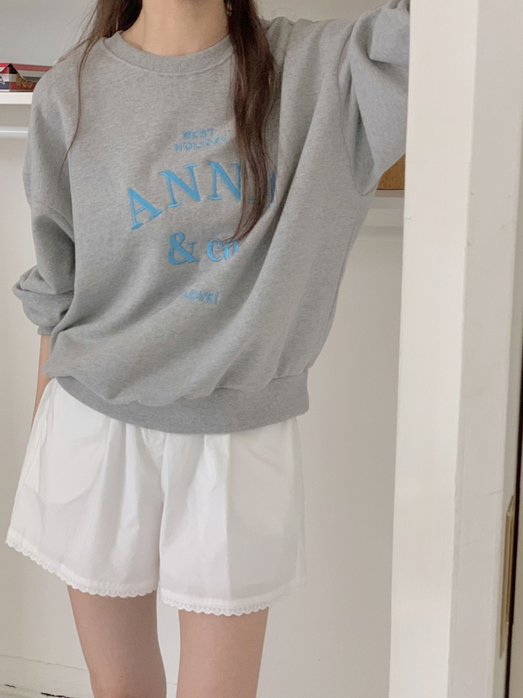 오버핏 안나 레터링 자수 여자 맨투맨 박스티 세미 크롭 맨투맨 여성 가을 티셔츠 면 라운드 - 상세 이미지 2