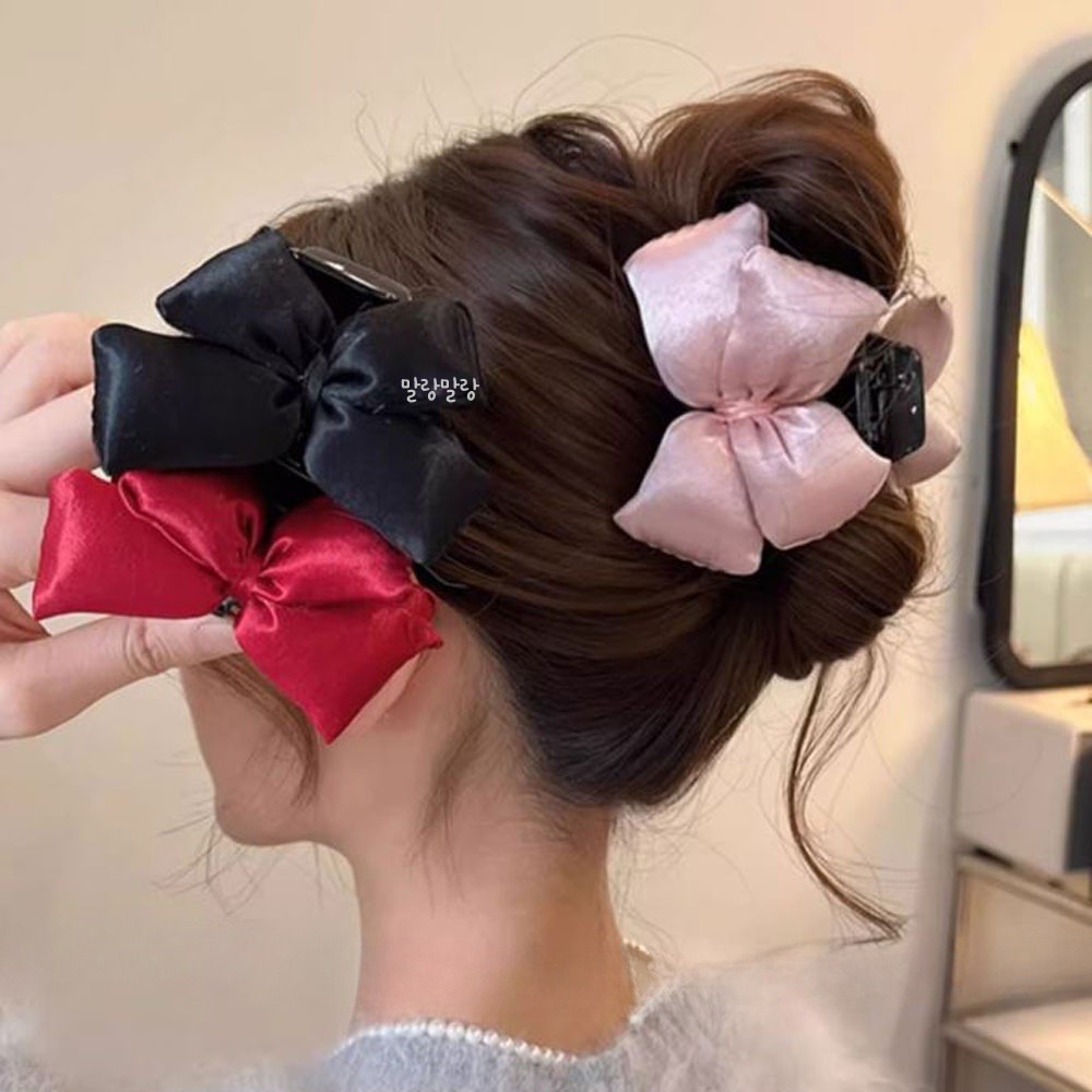 패딩 리본 집게핀 사랑스러운 반묶음 머리 포니테일 헤어삔 - 상품 이미지