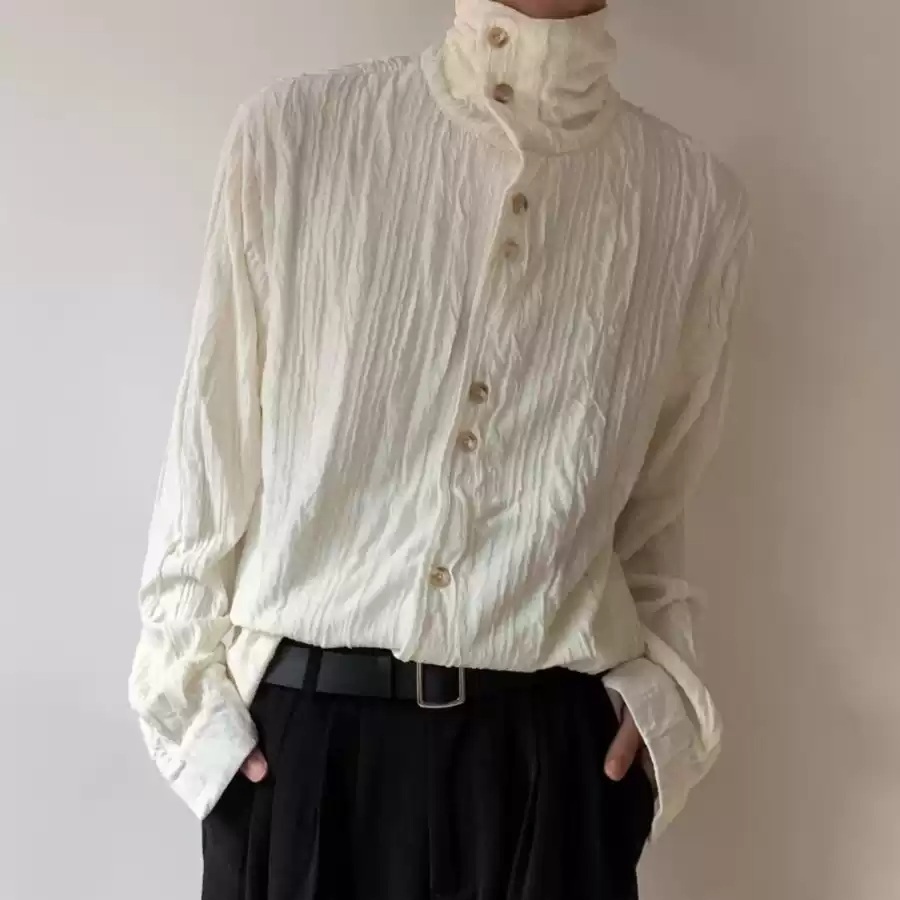 하이넥 2중카라 셔츠 남녀공용 플리츠 성수동느낌 바이브 힙한 무드 디자인 봄가을 2컬러 - 상품 이미지