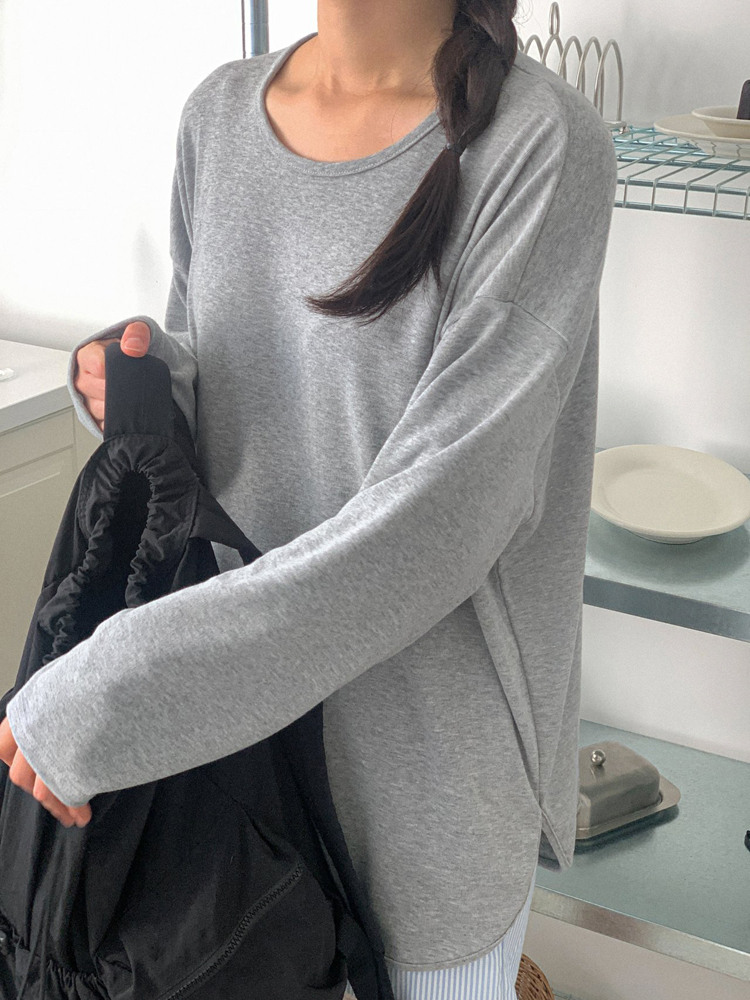 소프트 코튼 스판 랍빠 박스티 루즈핏 옆트임 기본 여성 가을 티셔츠 라운드 여자긴팔티 롱티 - 상세 이미지 4