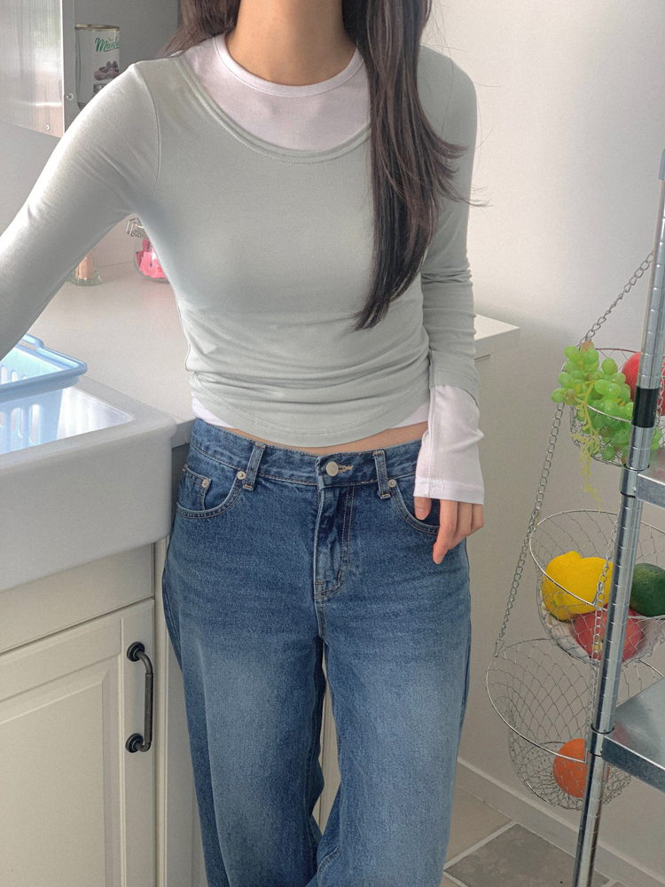 유니크 기본 슬림핏 스판 라운드 유넥 레이어드 여성 가을 티셔츠 이너티 여지 긴팔티 - 상세 이미지 5