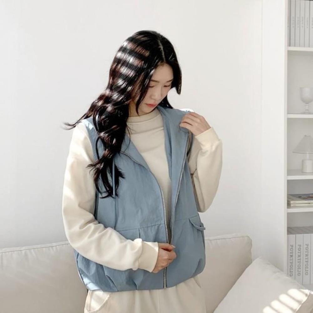 옷자락 여성 바스락 조끼 투포켓 민소매 조끼 후드 집업 - 상품 이미지
