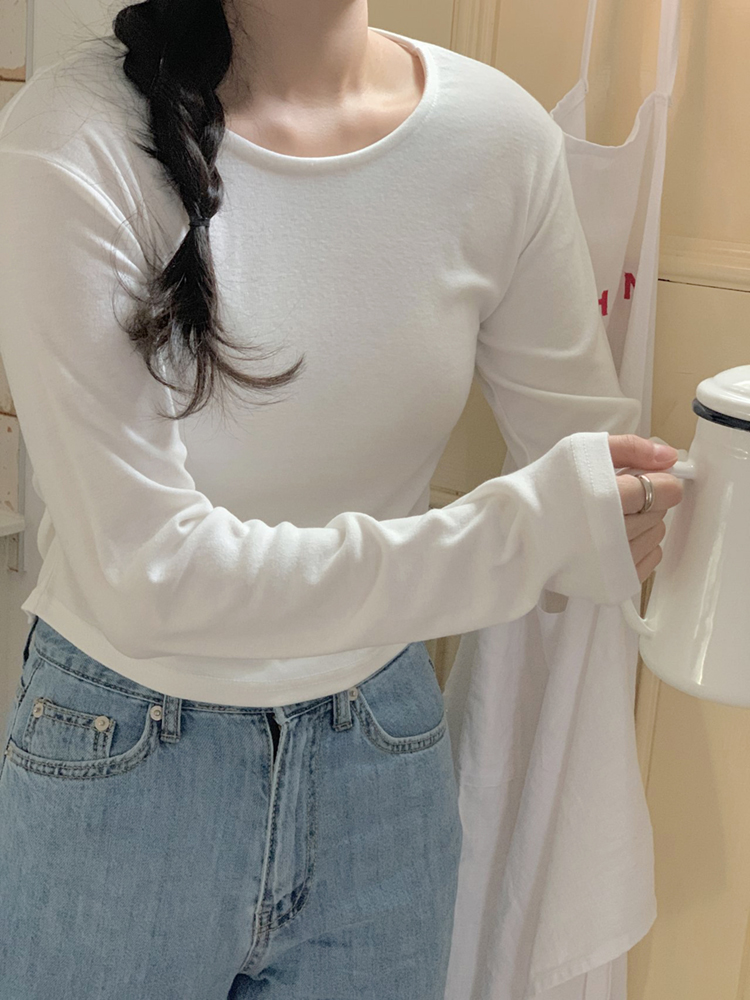 캐주얼 셔링 세미 크롭 여성 가을 티셔츠 라운드 스판 여자 긴팔티 크롭 티셔츠 - 상세 이미지 5