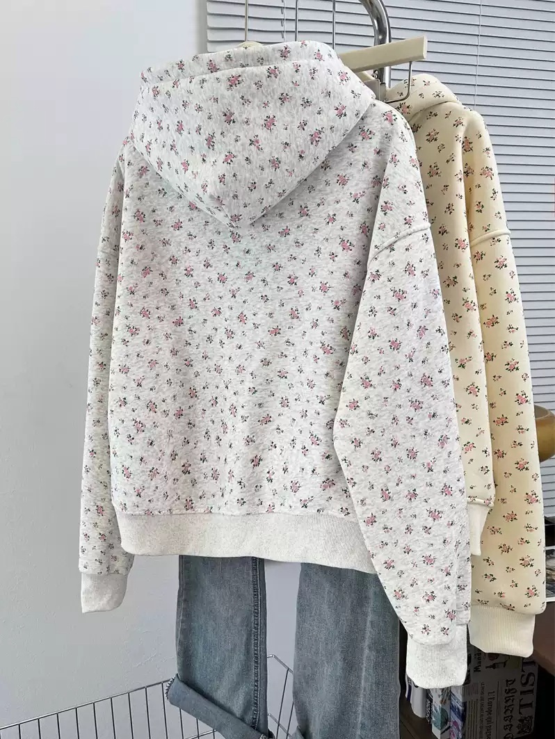 꽃무늬 패턴 후드집업 귀여운 빈티지 레트로 연예인 아이돌 패션 캐주얼 코디 3컬러 - 상세 이미지 2