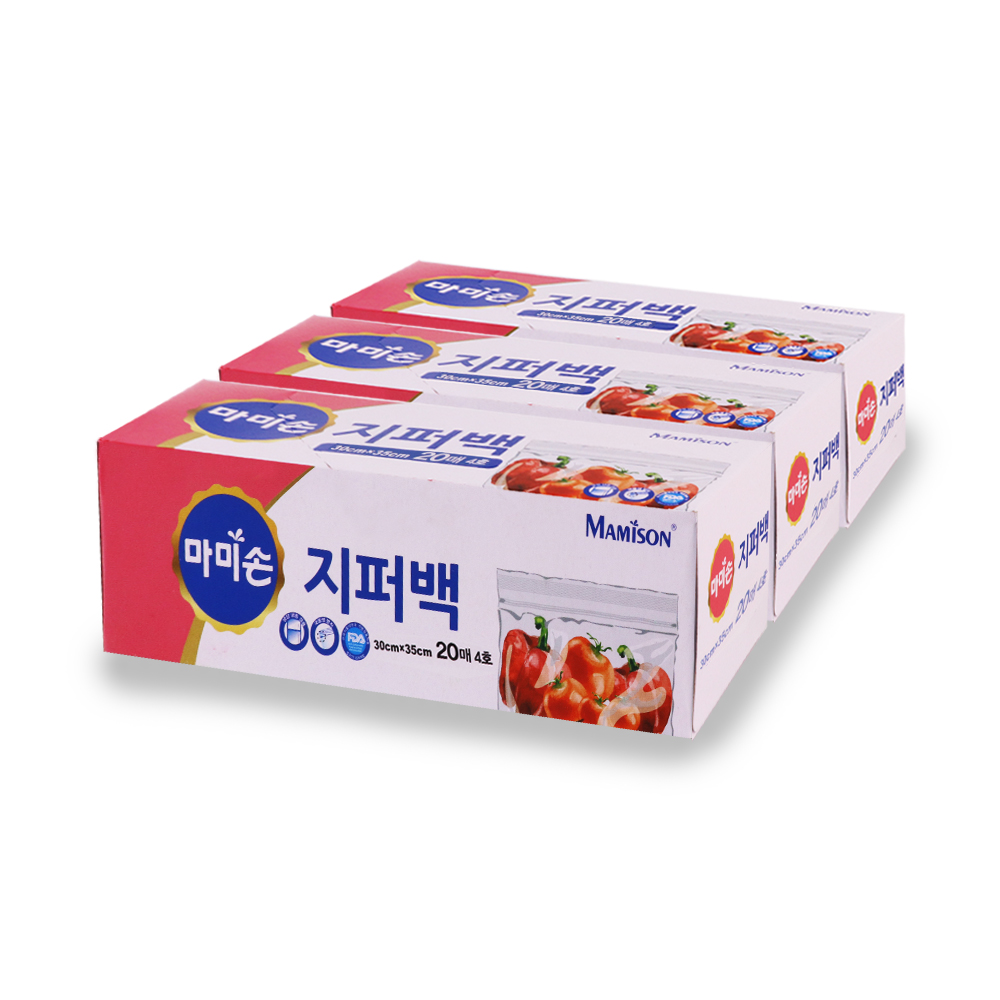 마미손 지퍼백 비닐 푸드저장팩 냉장 냉동 지퍼백 L(대형) 30x35cm, 20매, 3개 - 상품 이미지