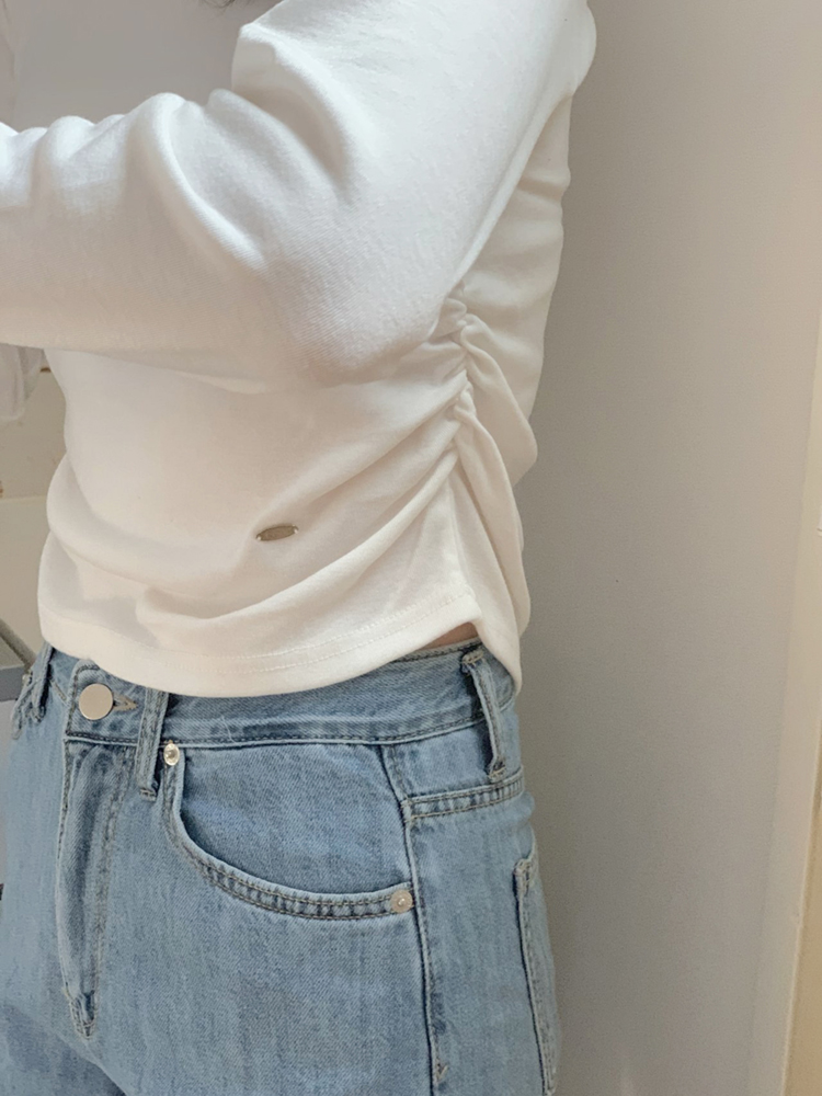 캐주얼 셔링 세미 크롭 여성 가을 티셔츠 라운드 스판 여자 긴팔티 크롭 티셔츠 - 상세 이미지 2