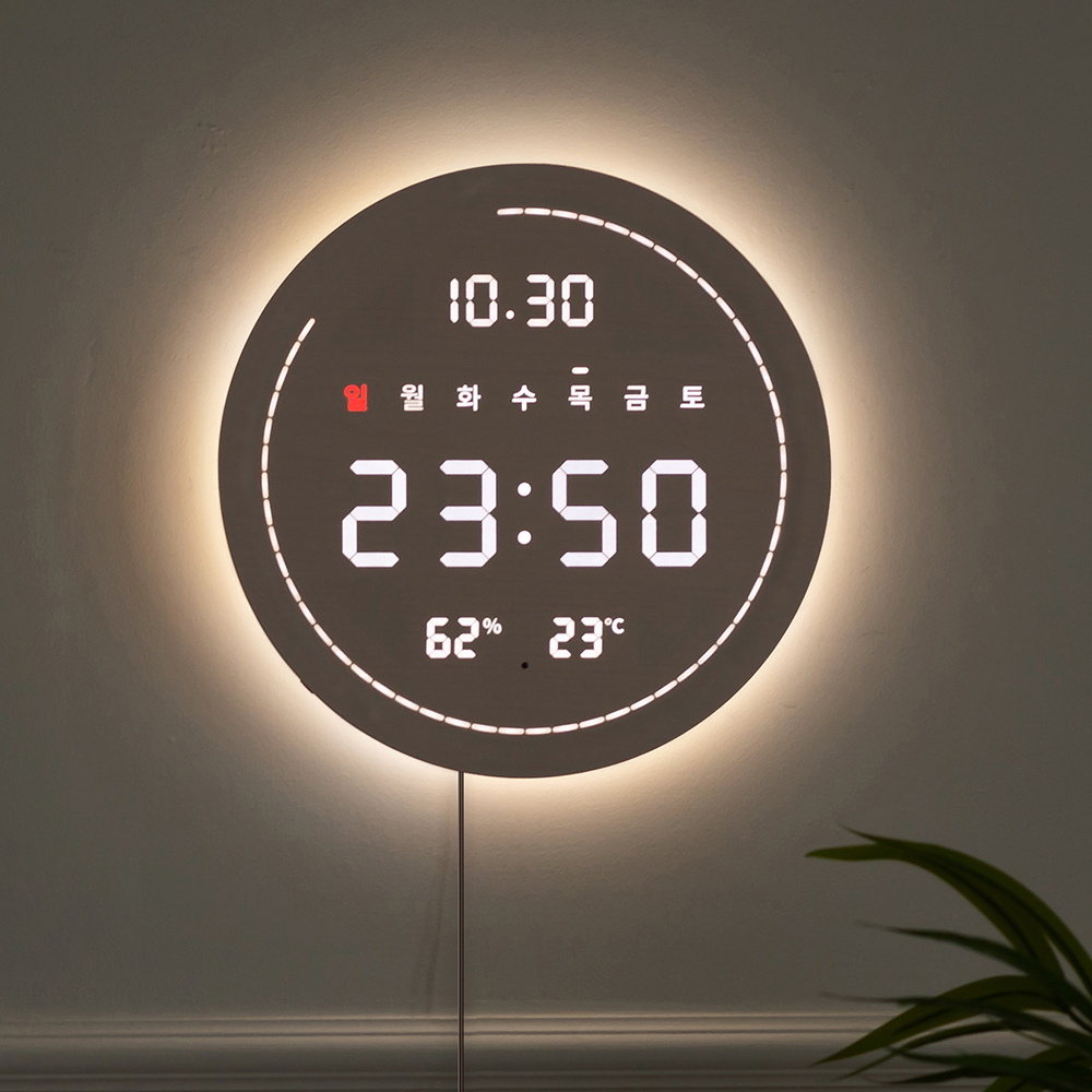 플라이토 백라이트 LED 벽시계 디지털 전자 거실 벽걸이 온습도 와이파이 터닝 플랫19cm