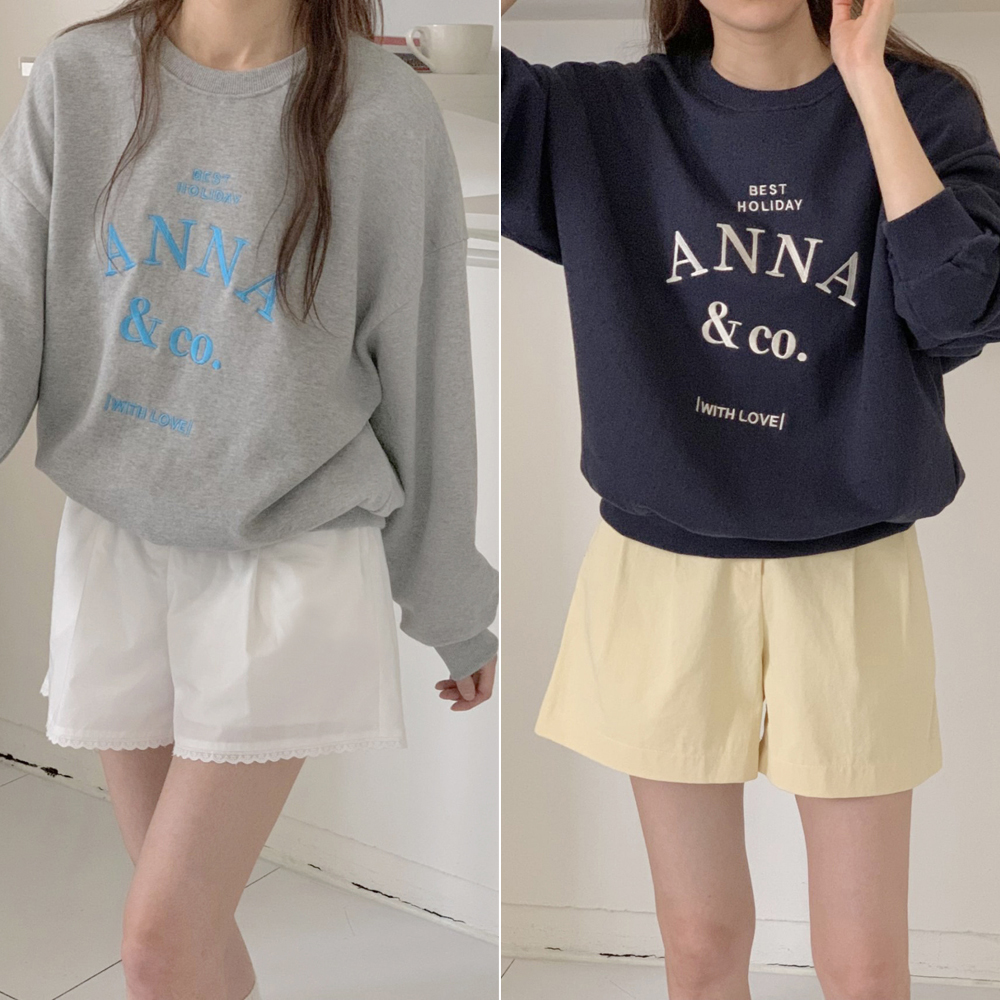 오버핏 안나 레터링 자수 여자 맨투맨 박스티 세미 크롭 맨투맨 여성 가을 티셔츠 면 라운드