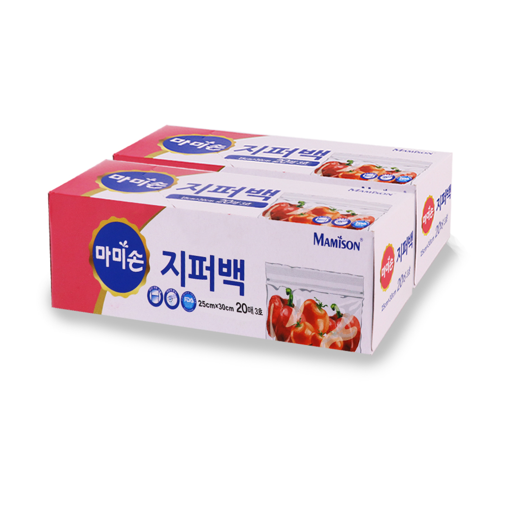 마미손 지퍼백 비닐 푸드저장팩 냉장 냉동 지퍼백 M(중형) 25x30cm, 20매, 2개 - 상품 이미지