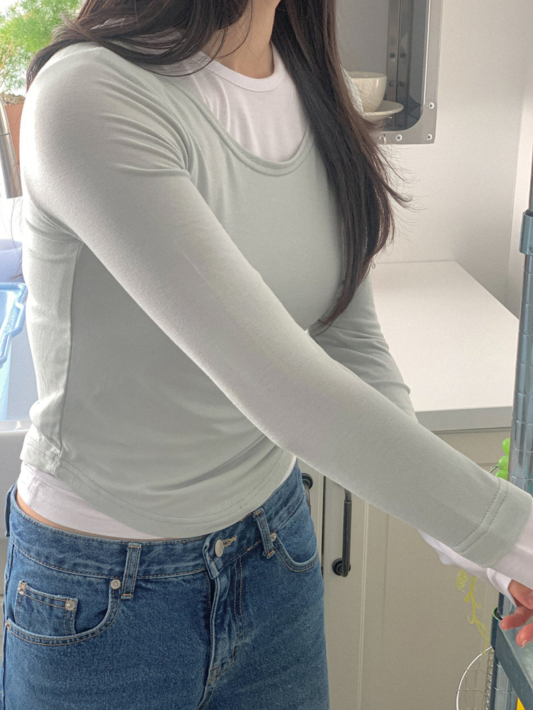 유니크 기본 슬림핏 스판 라운드 유넥 레이어드 여성 가을 티셔츠 이너티 여지 긴팔티 - 상세 이미지 4