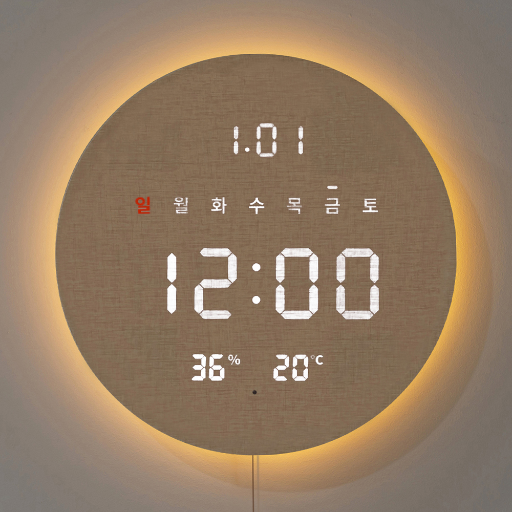플라이토 백라이트 LED 벽시계 디지털 전자 거실 벽걸이 온습도 와이파이 터닝 플랫19cm