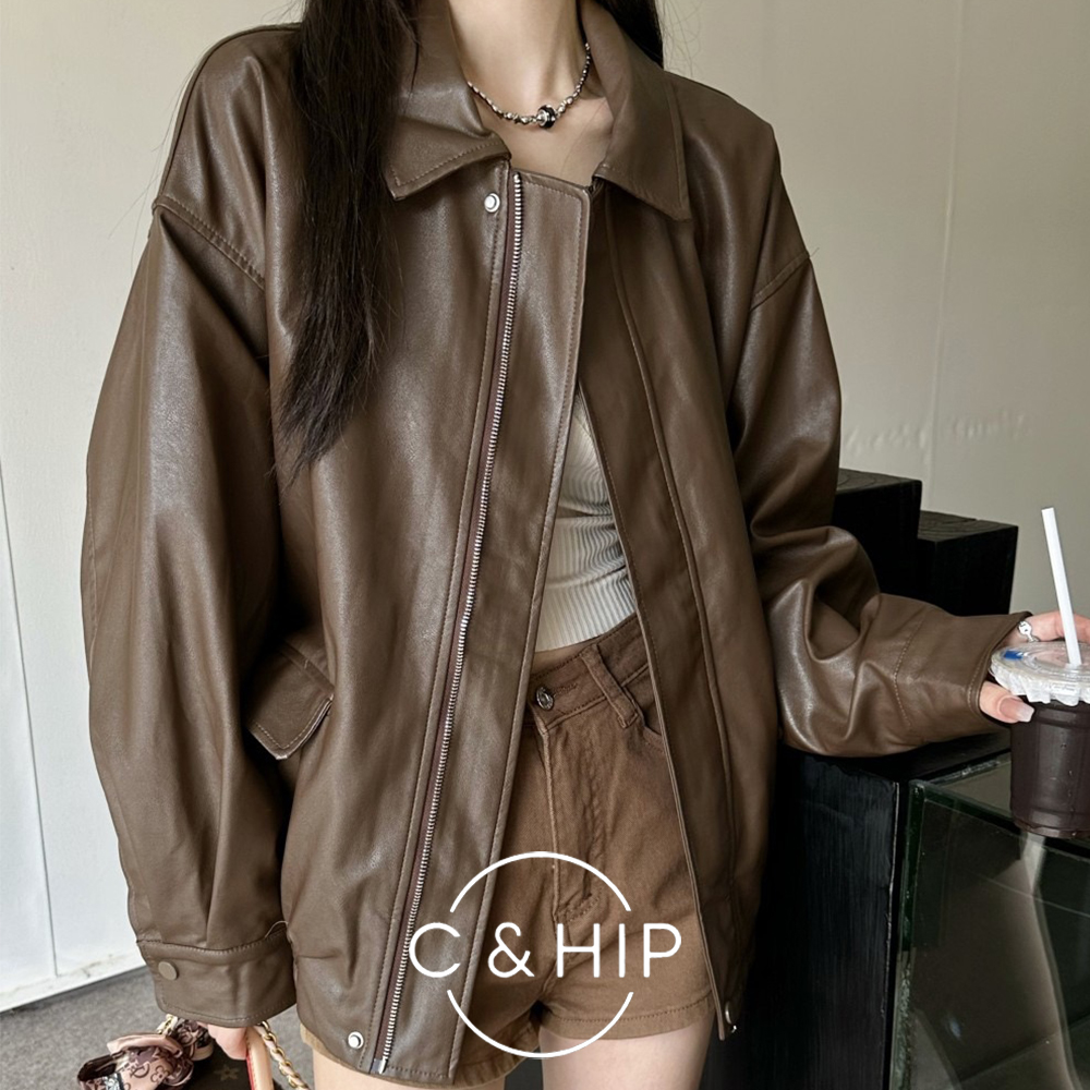 프라 박시 오버핏 카라 라이더 레더 가죽 숏자켓 (블랙/브라운) - 상품 이미지