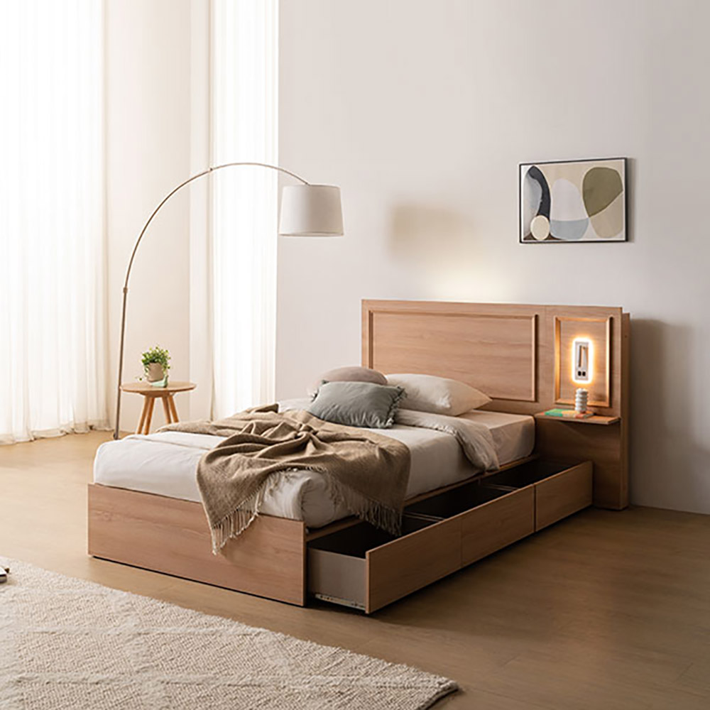 라자가구 윈디 LED USB 서랍형 수납 침대 슈퍼싱글 SS 본넬 매트리스 침대세트