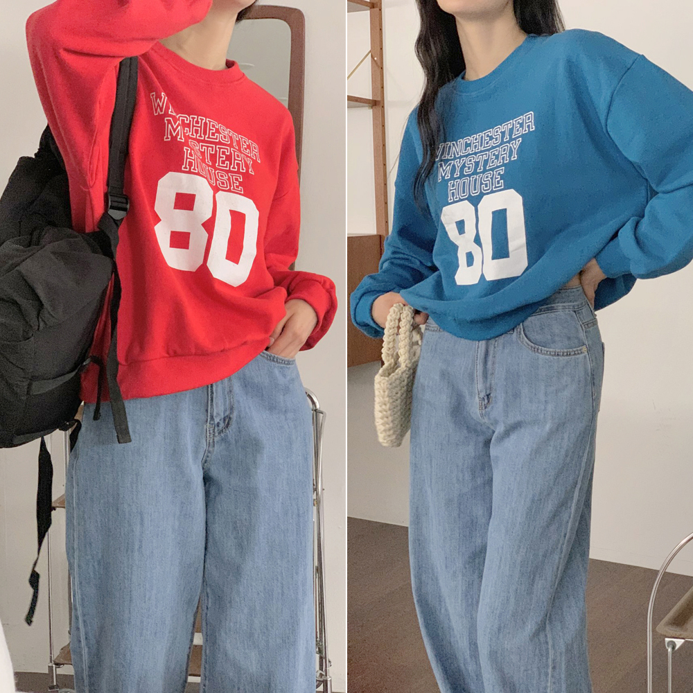 오버핏 하우스80 레터링 프린팅 세미 크롭 맨투맨 여성 가을 티셔츠 면 여자 맨투맨 박스티