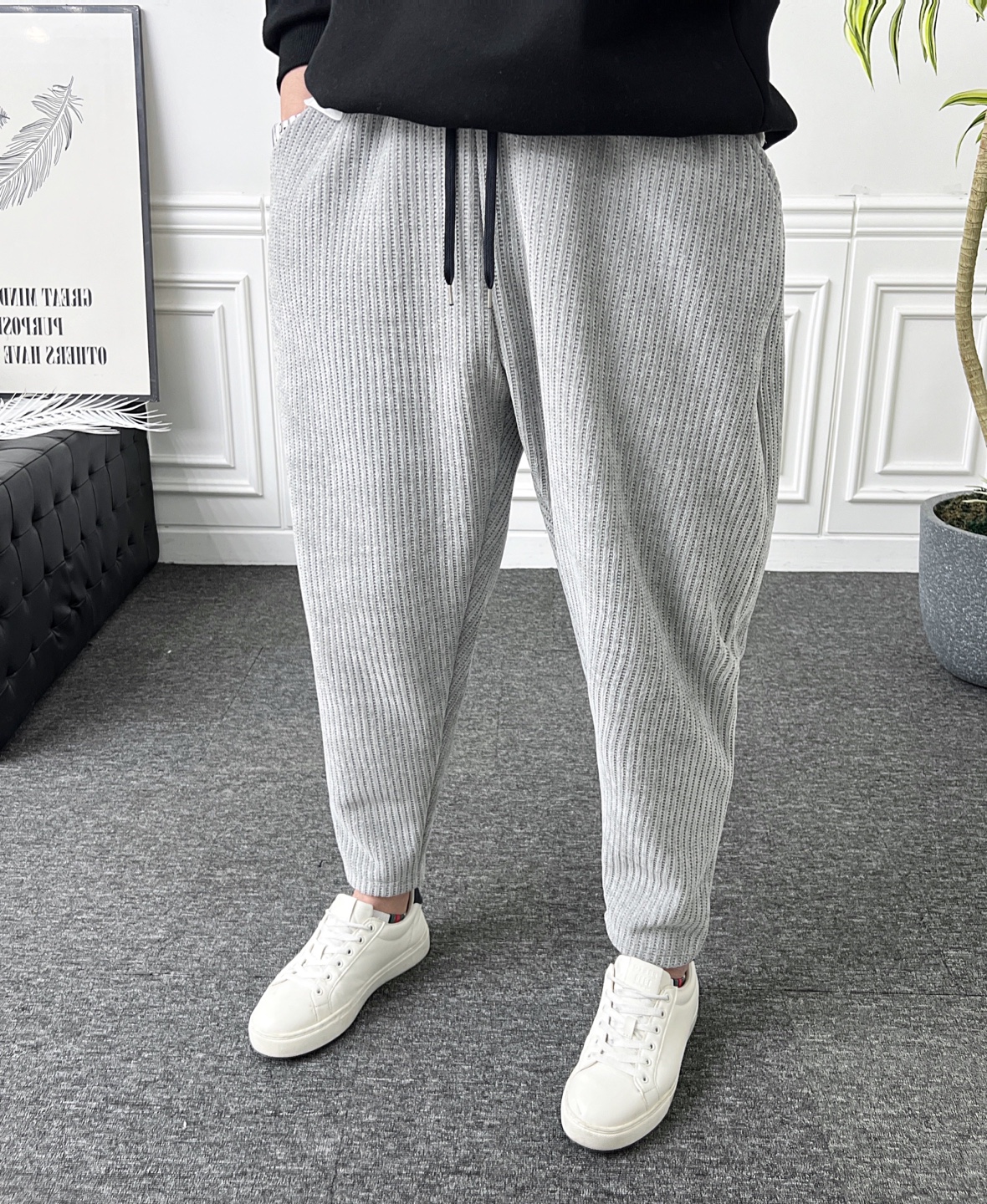 남자 벌룬팬츠 밴딩 스판 니트 배기바지 - 상품 이미지