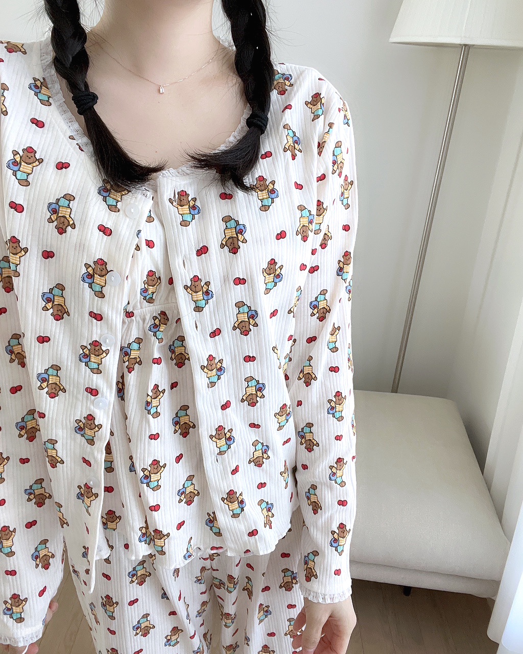 [끈조절가능]3ps주문폭주💗러블리/사은품증정 사과 곰돌이 봄 여름 나시 가디건 쓰리피스잠옷 상세 이미지 16