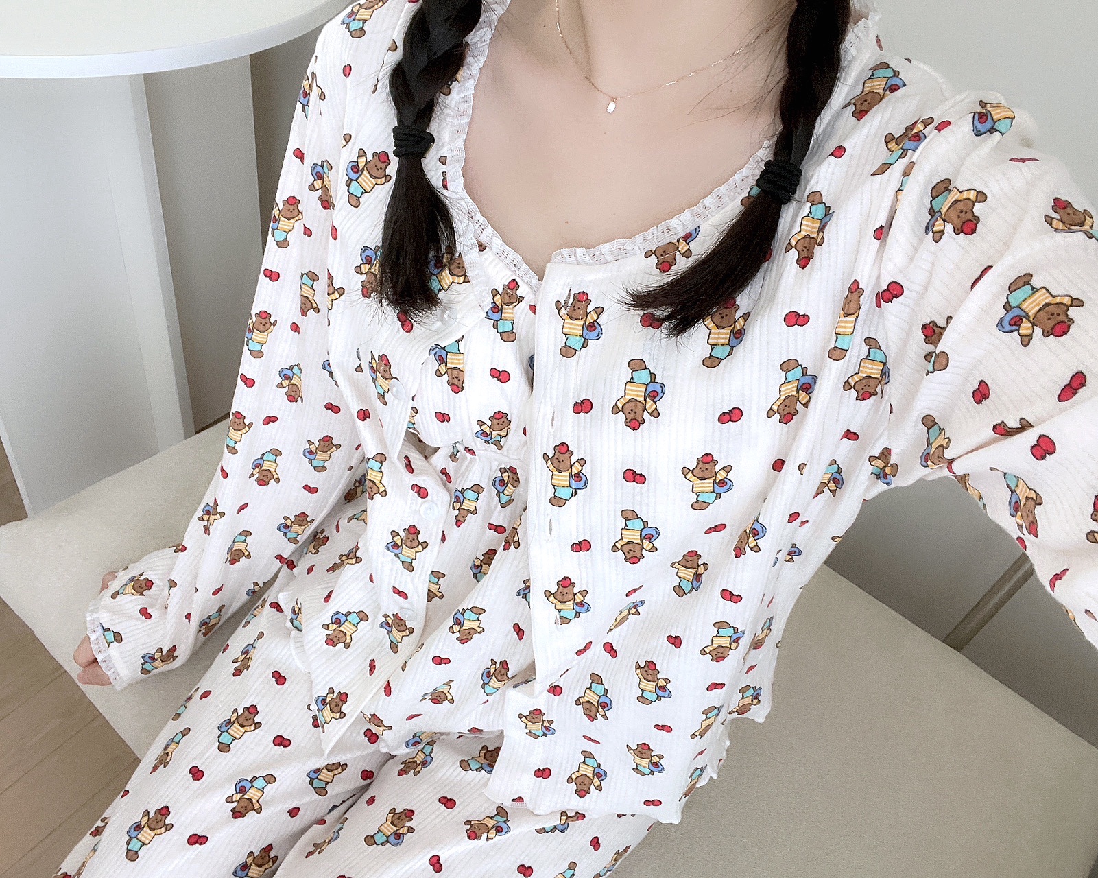 [끈조절가능]3ps주문폭주💗러블리/사은품증정 사과 곰돌이 봄 여름 나시 가디건 쓰리피스잠옷 상세 이미지 11
