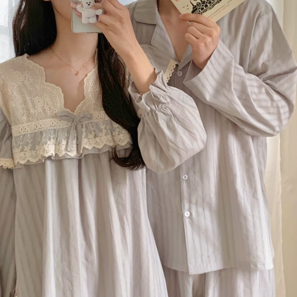 순면원피스잠옷 신혼부부커플잠옷 가을파자마 레이스 긴팔 간절기 홈웨어 세트 제품 이미지
