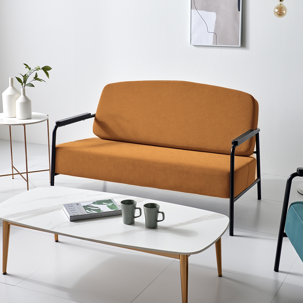 소브레 카페쇼파 2인용 인조가죽 업소용 대기실 팔걸이 철제프레임 소파 스툴미포함, 오렌지