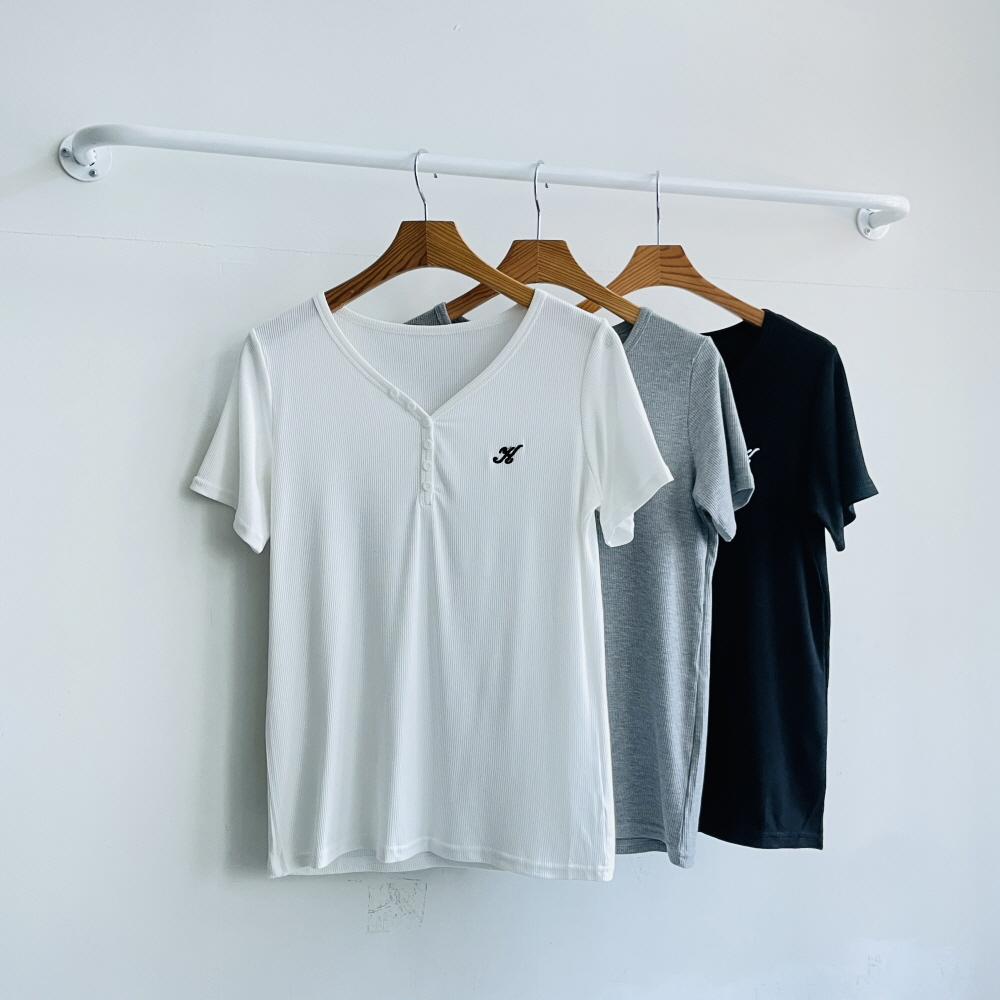 여성반팔티 브이넥티셔츠 골지 자수 반팔 티셔츠